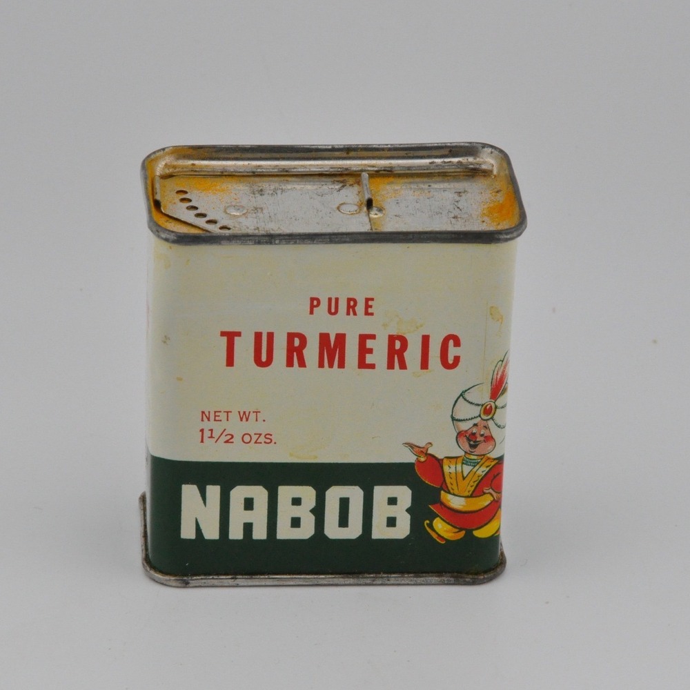 Nabob Turmeric Spice Tin OS Cream Green‎ Fair Vintage Mascot Advertising Lid